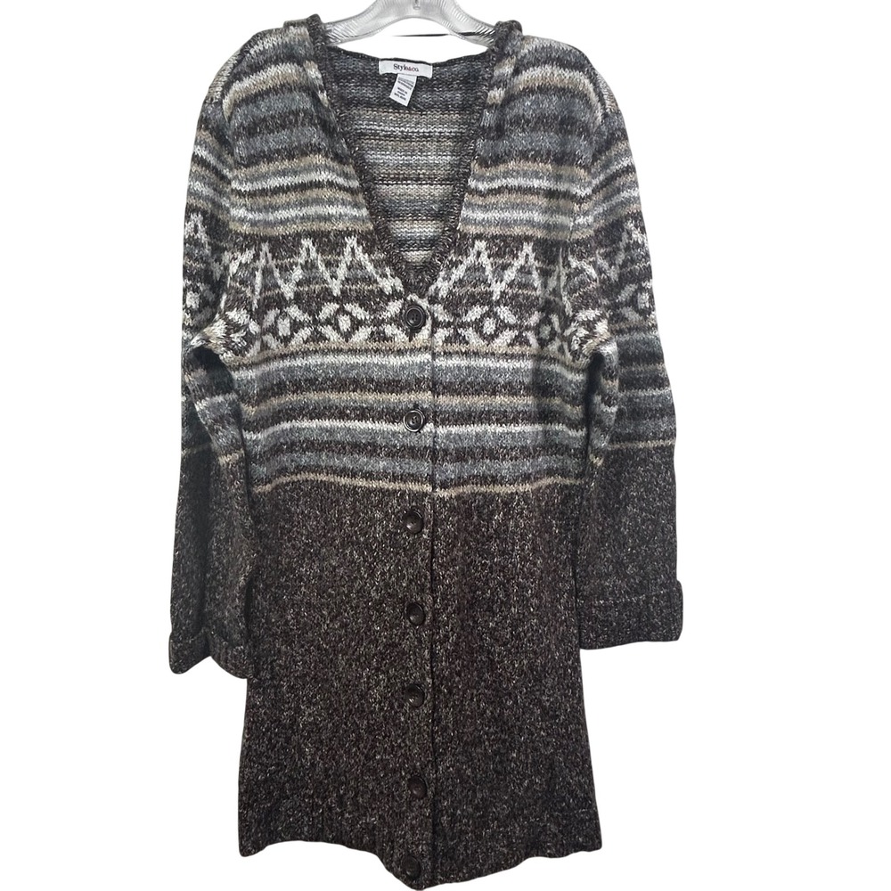 Style & Co Womens XL Longline Hooded Cardigan Fair Isle Marled Knit Sweater Coat